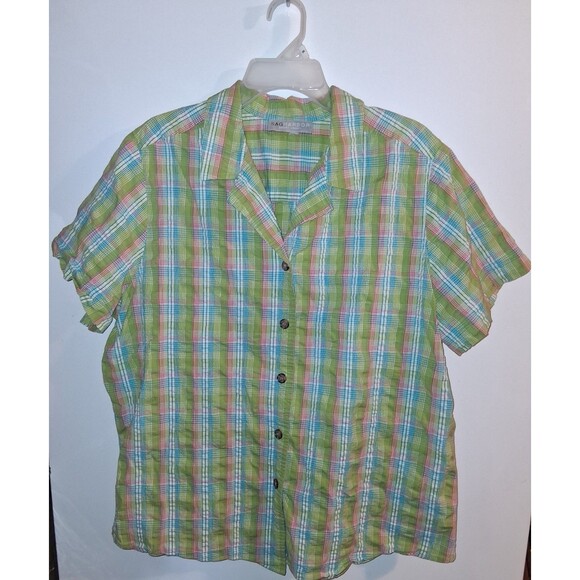 Sag Harbor Green Plaid Short Sleeve Button Up Blouse Sz 2X - Picture 1 of 3